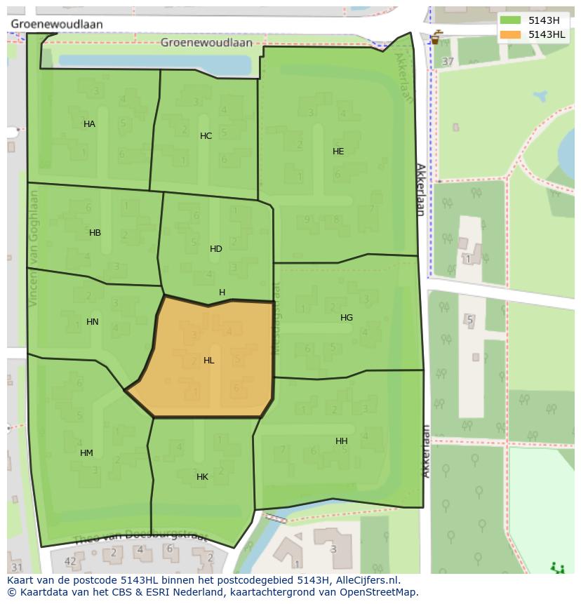 Afbeelding van het postcodegebied 5143 HL op de kaart.