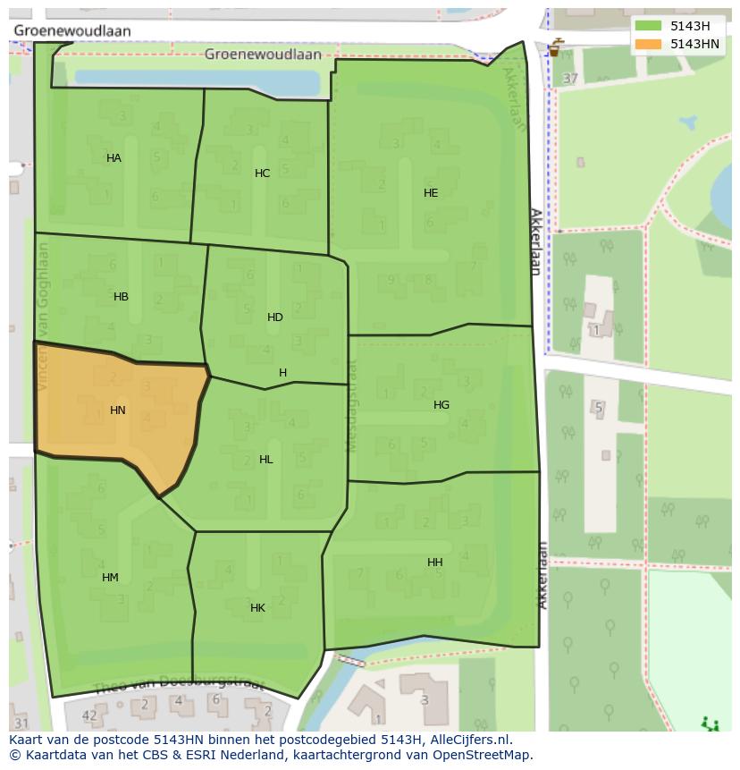 Afbeelding van het postcodegebied 5143 HN op de kaart.