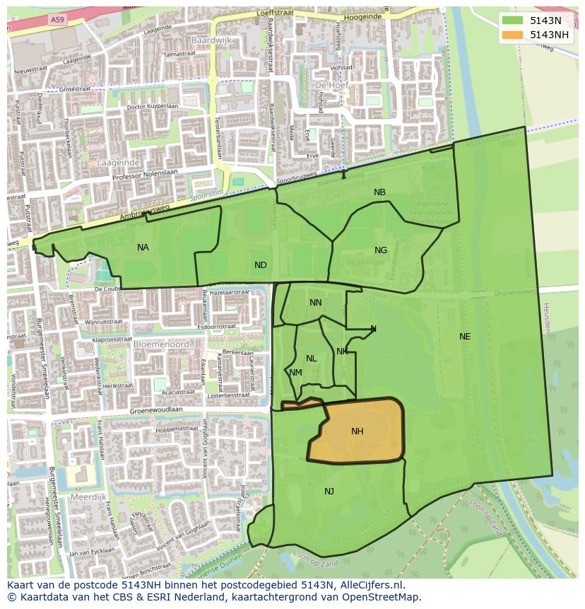 Afbeelding van het postcodegebied 5143 NH op de kaart.