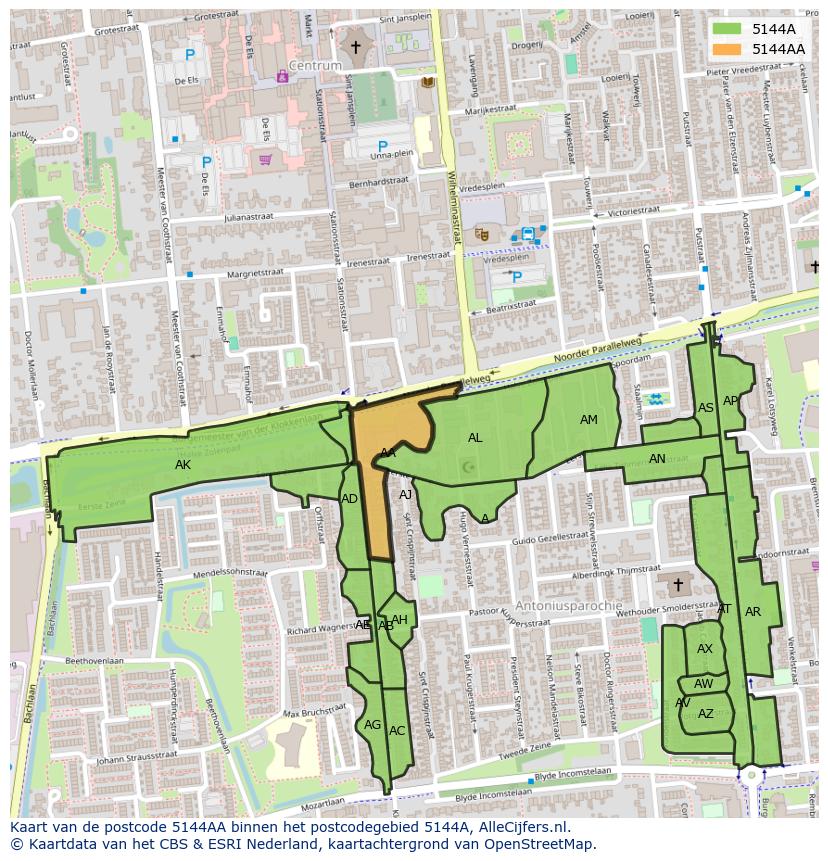 Afbeelding van het postcodegebied 5144 AA op de kaart.