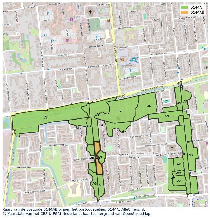 Afbeelding van het postcodegebied 5144 AB op de kaart.