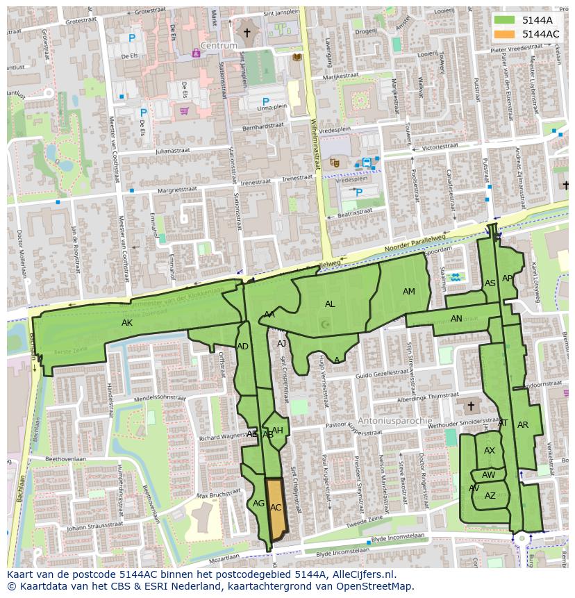 Afbeelding van het postcodegebied 5144 AC op de kaart.