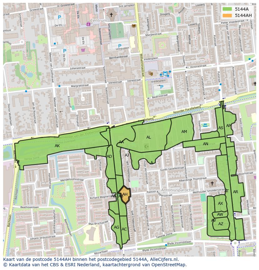 Afbeelding van het postcodegebied 5144 AH op de kaart.