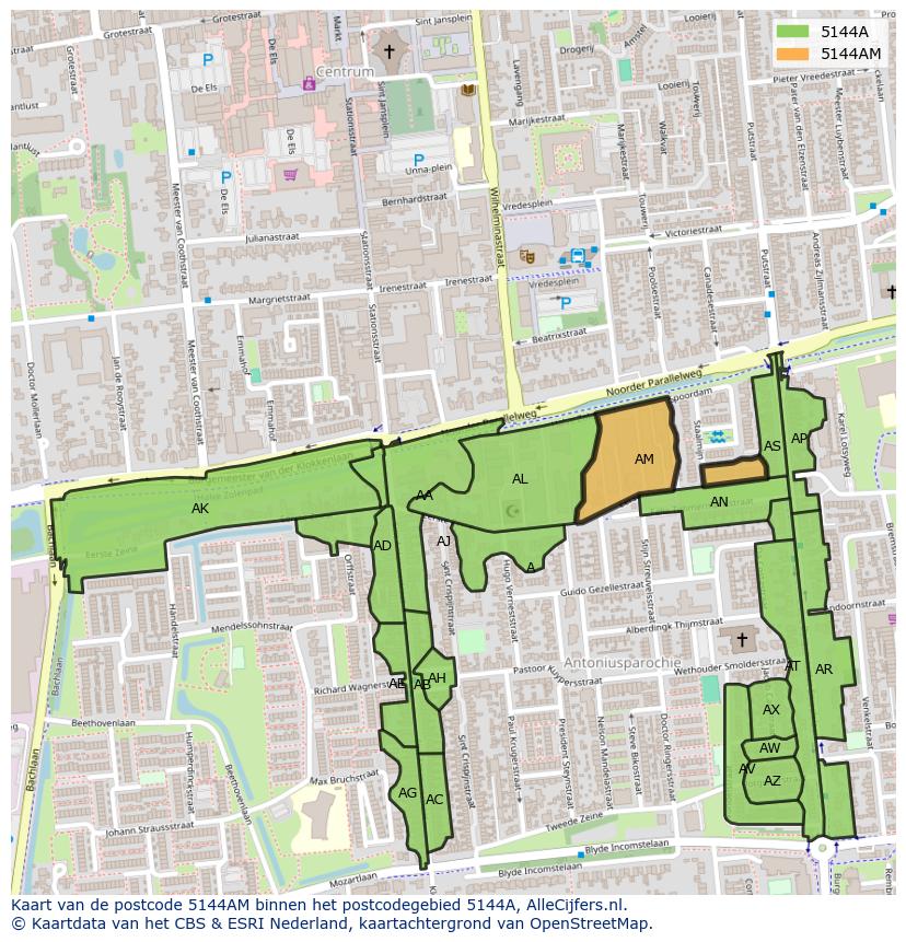Afbeelding van het postcodegebied 5144 AM op de kaart.