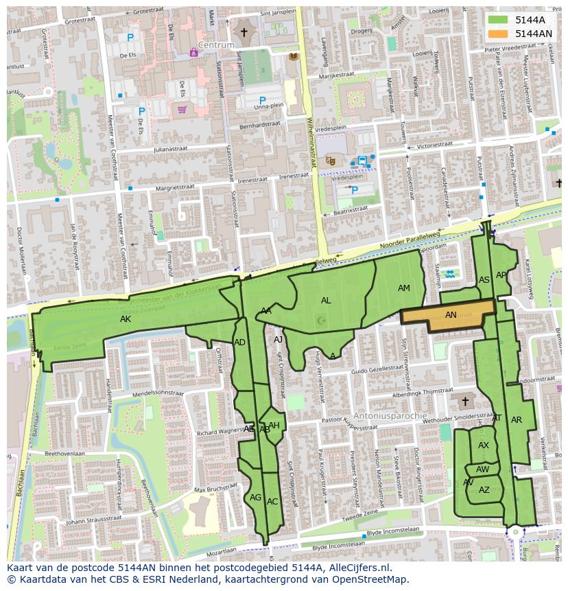 Afbeelding van het postcodegebied 5144 AN op de kaart.