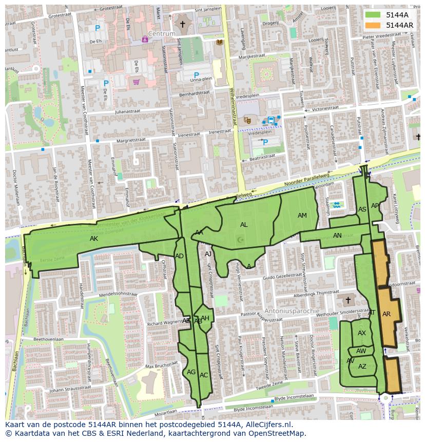 Afbeelding van het postcodegebied 5144 AR op de kaart.