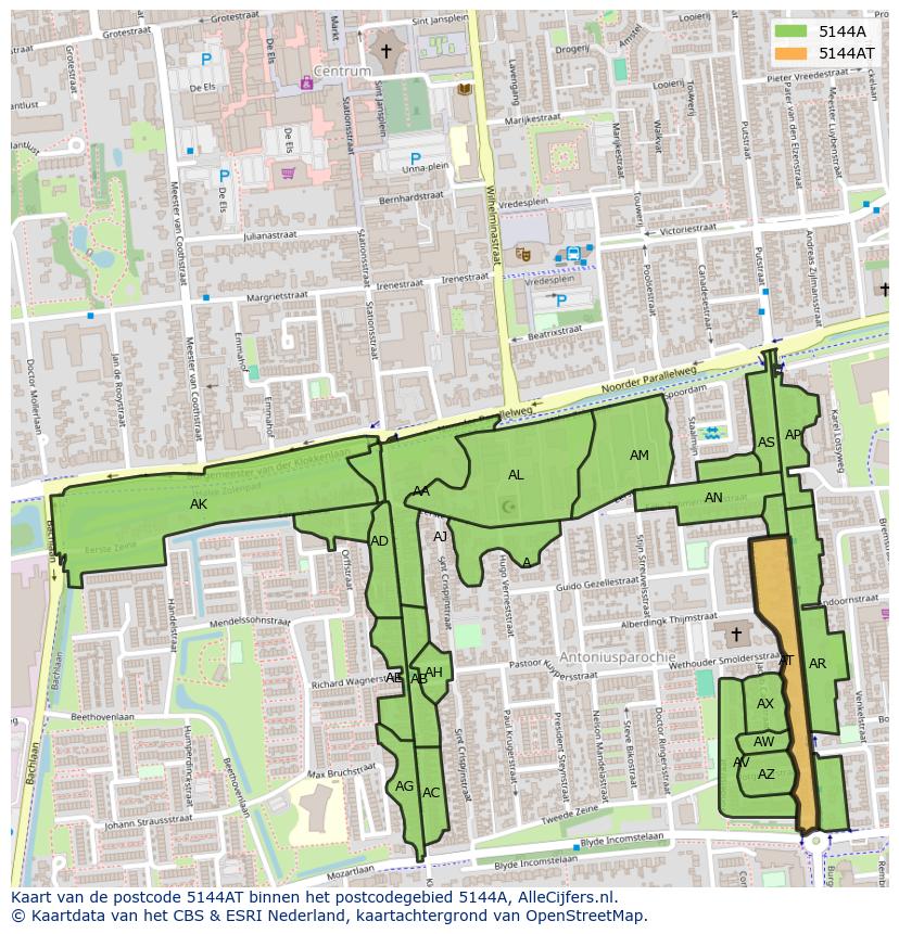 Afbeelding van het postcodegebied 5144 AT op de kaart.