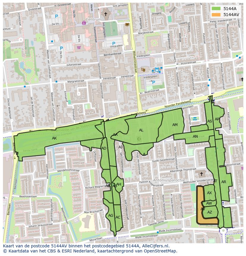 Afbeelding van het postcodegebied 5144 AV op de kaart.