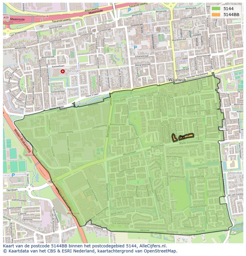 Afbeelding van het postcodegebied 5144 BB op de kaart.