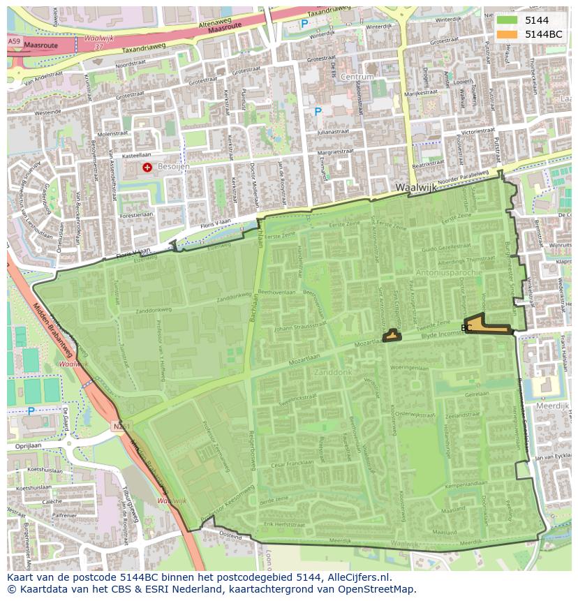 Afbeelding van het postcodegebied 5144 BC op de kaart.