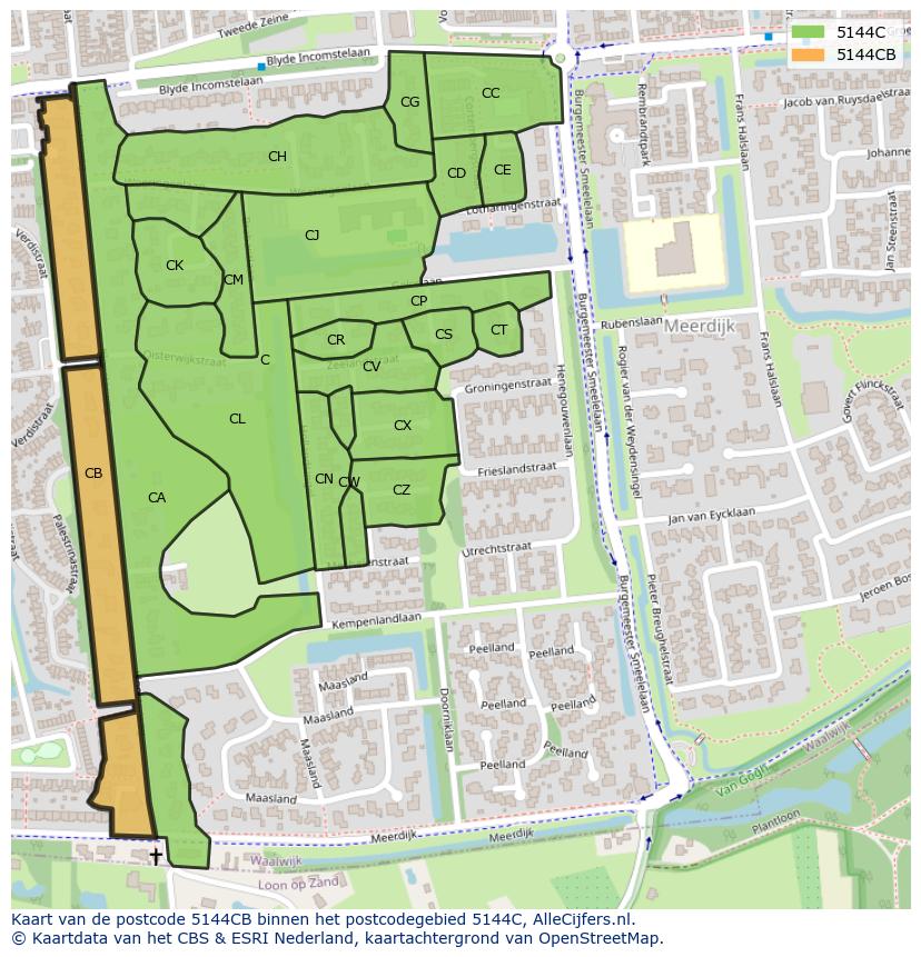 Afbeelding van het postcodegebied 5144 CB op de kaart.