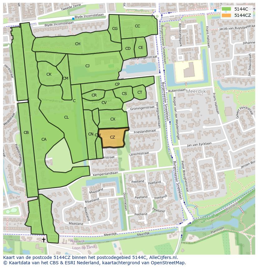 Afbeelding van het postcodegebied 5144 CZ op de kaart.