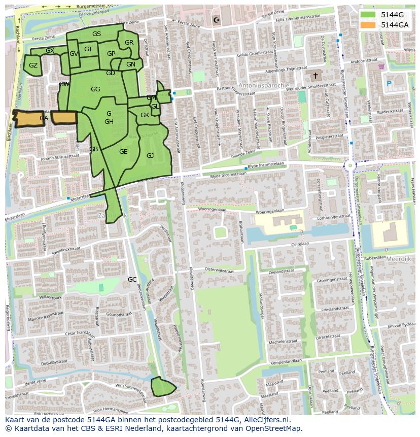 Afbeelding van het postcodegebied 5144 GA op de kaart.