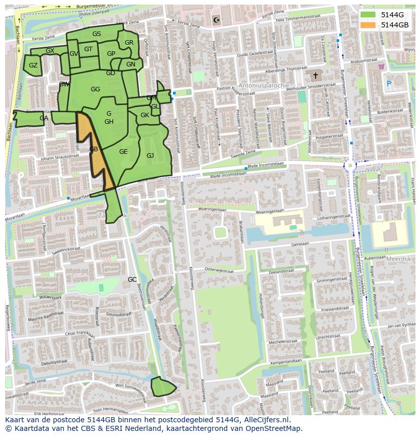Afbeelding van het postcodegebied 5144 GB op de kaart.