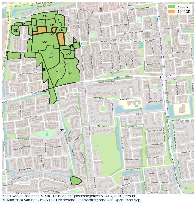 Afbeelding van het postcodegebied 5144 GD op de kaart.