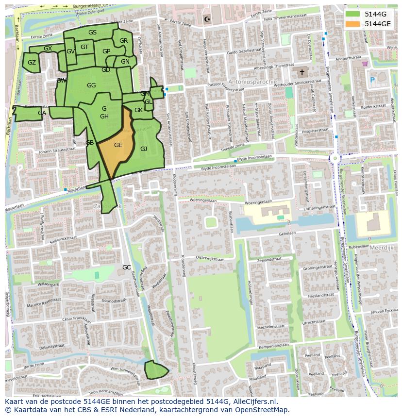 Afbeelding van het postcodegebied 5144 GE op de kaart.