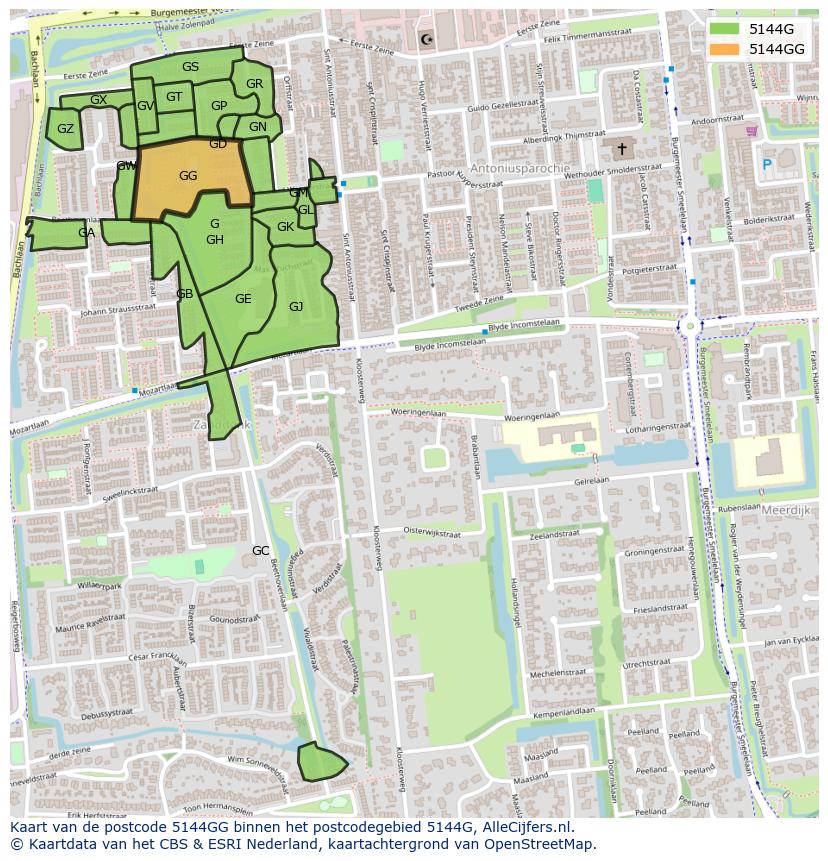Afbeelding van het postcodegebied 5144 GG op de kaart.