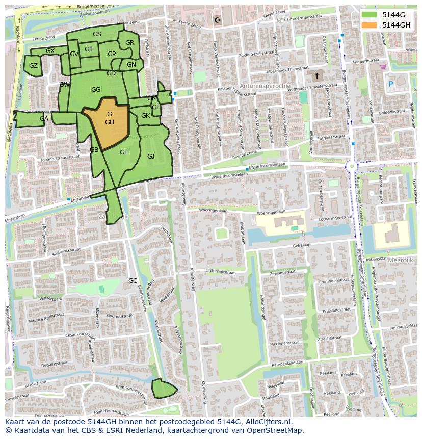 Afbeelding van het postcodegebied 5144 GH op de kaart.