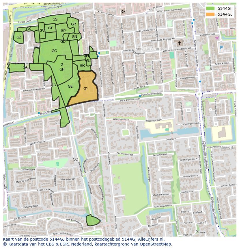 Afbeelding van het postcodegebied 5144 GJ op de kaart.