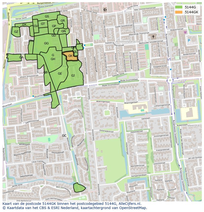 Afbeelding van het postcodegebied 5144 GK op de kaart.