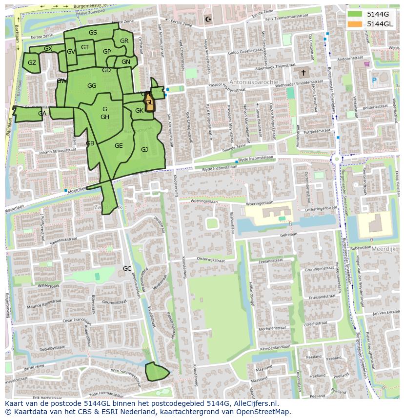 Afbeelding van het postcodegebied 5144 GL op de kaart.
