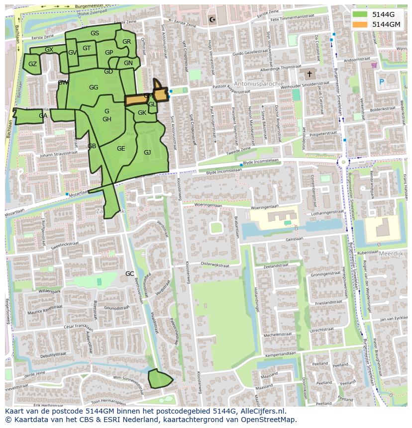 Afbeelding van het postcodegebied 5144 GM op de kaart.