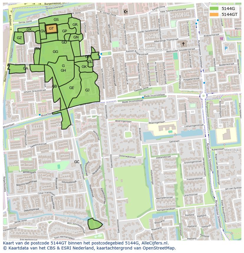 Afbeelding van het postcodegebied 5144 GT op de kaart.
