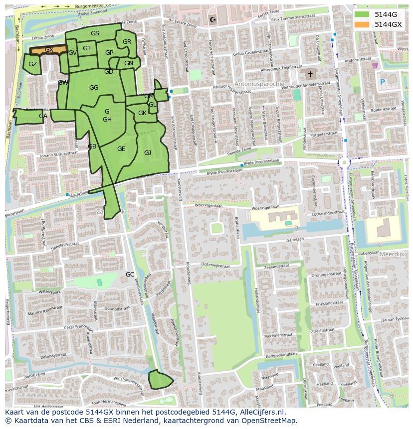 Afbeelding van het postcodegebied 5144 GX op de kaart.