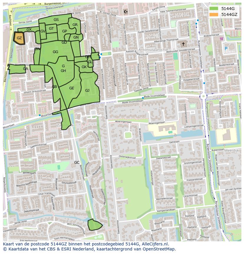 Afbeelding van het postcodegebied 5144 GZ op de kaart.