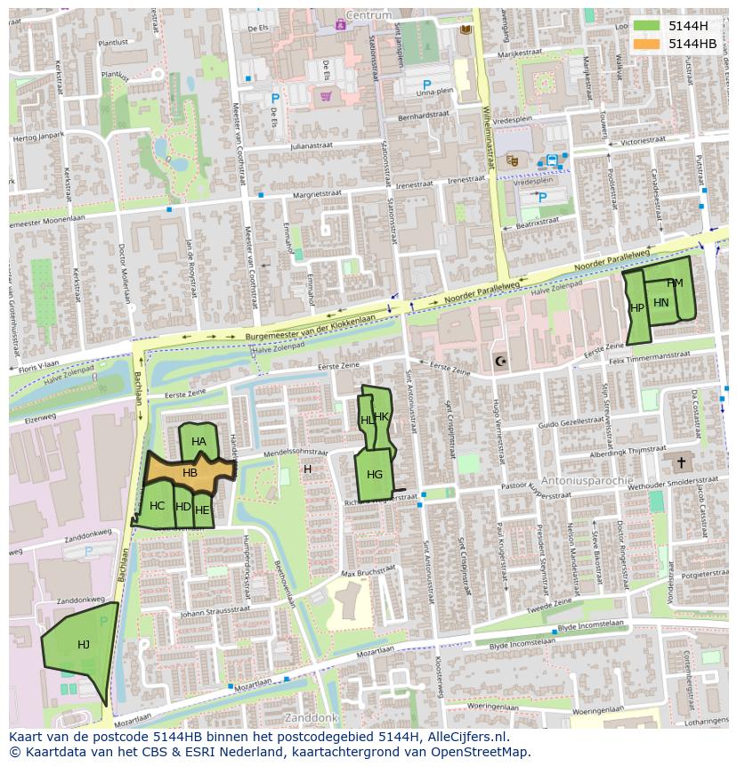Afbeelding van het postcodegebied 5144 HB op de kaart.