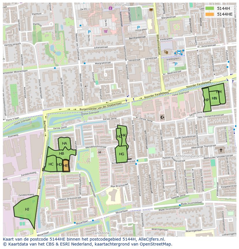 Afbeelding van het postcodegebied 5144 HE op de kaart.