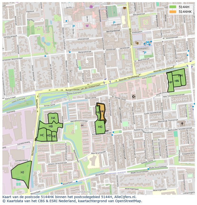 Afbeelding van het postcodegebied 5144 HK op de kaart.