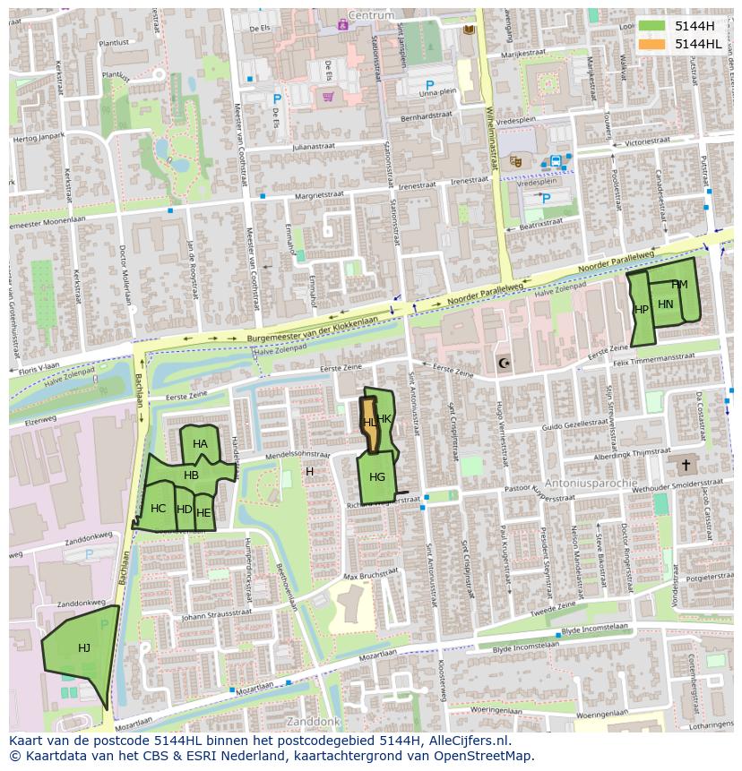 Afbeelding van het postcodegebied 5144 HL op de kaart.