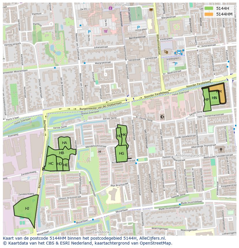 Afbeelding van het postcodegebied 5144 HM op de kaart.