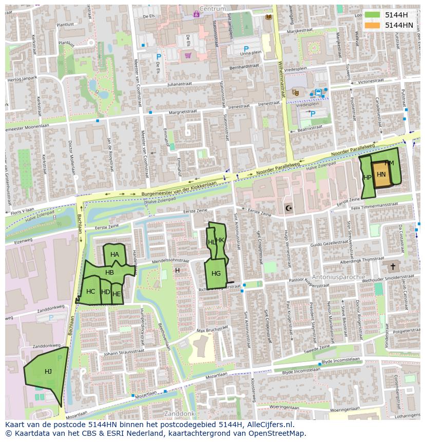 Afbeelding van het postcodegebied 5144 HN op de kaart.