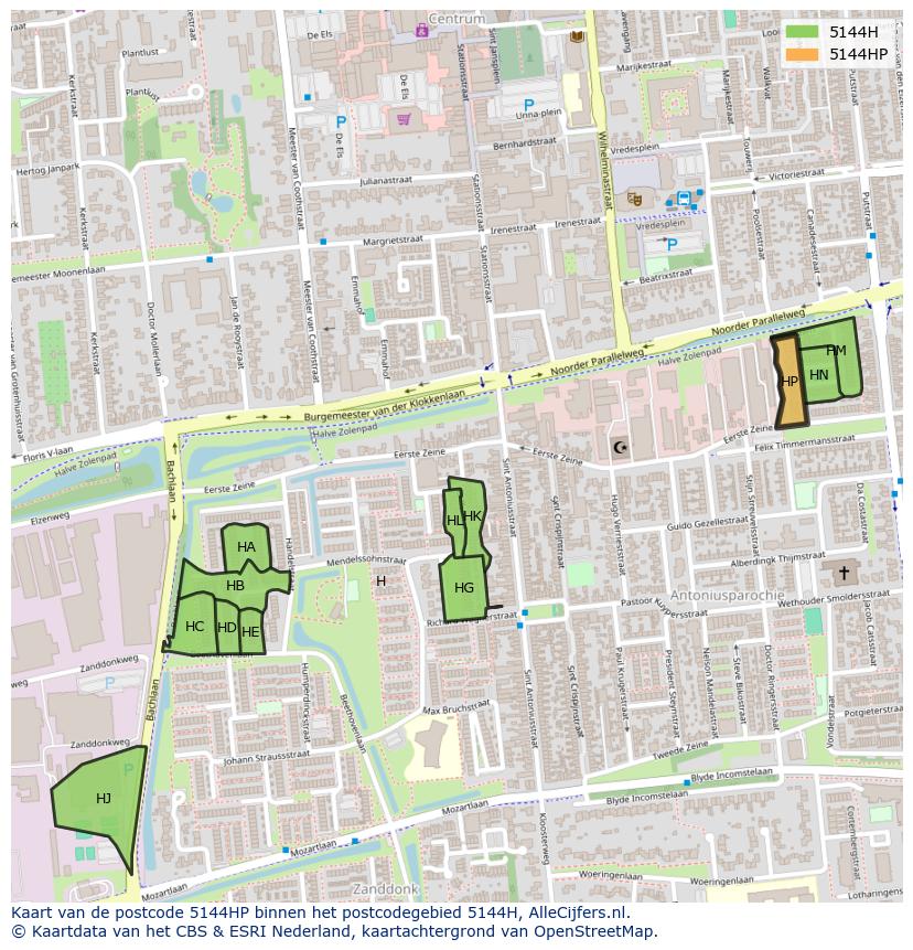 Afbeelding van het postcodegebied 5144 HP op de kaart.