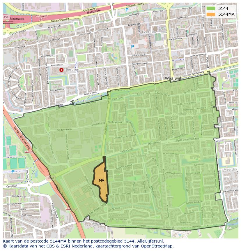 Afbeelding van het postcodegebied 5144 MA op de kaart.