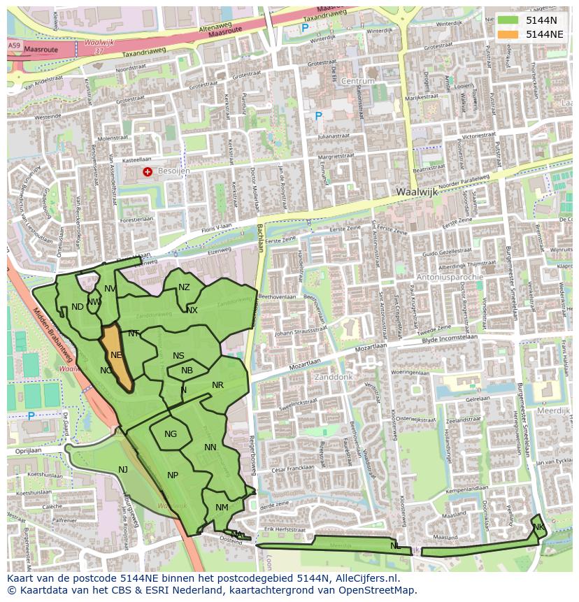 Afbeelding van het postcodegebied 5144 NE op de kaart.