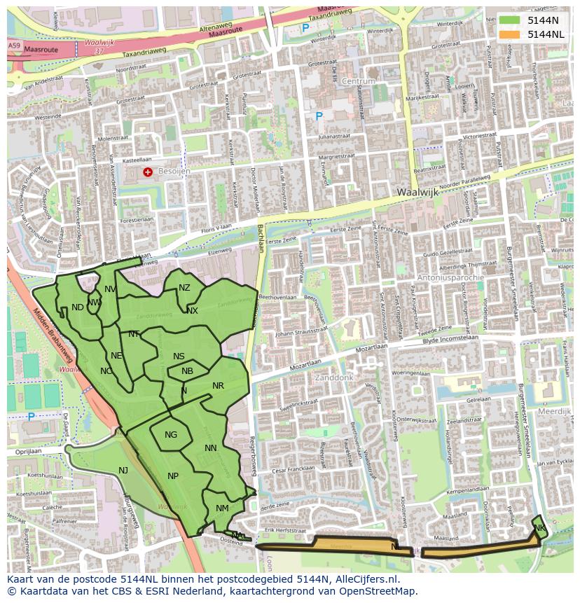 Afbeelding van het postcodegebied 5144 NL op de kaart.