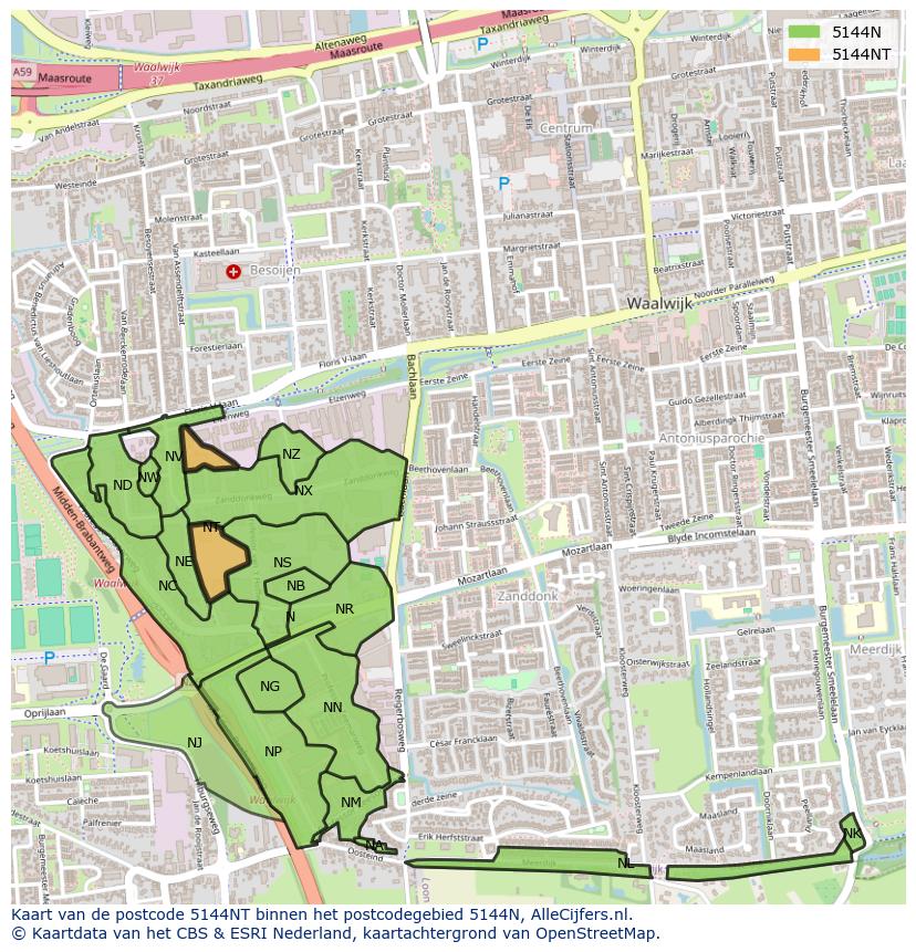 Afbeelding van het postcodegebied 5144 NT op de kaart.