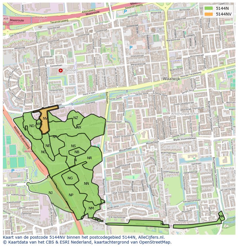 Afbeelding van het postcodegebied 5144 NV op de kaart.