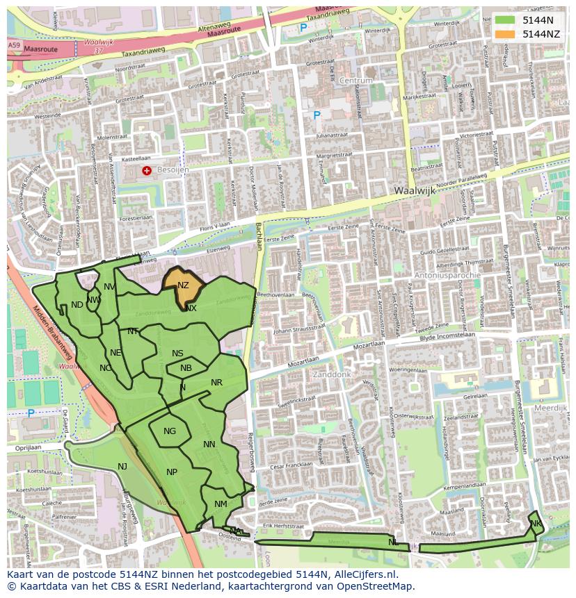 Afbeelding van het postcodegebied 5144 NZ op de kaart.