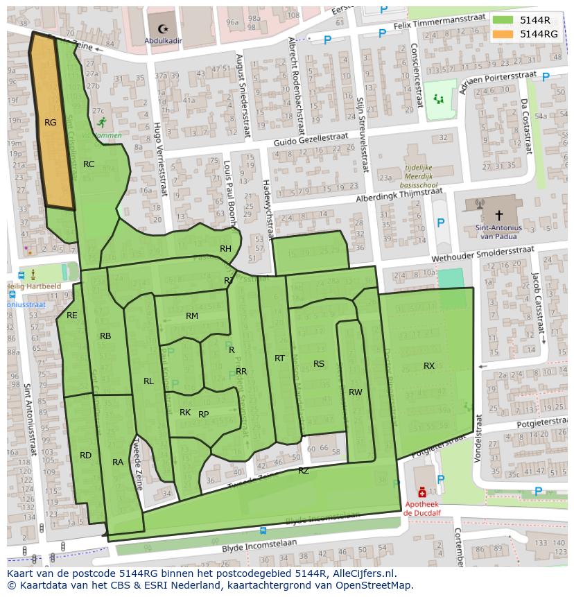 Afbeelding van het postcodegebied 5144 RG op de kaart.