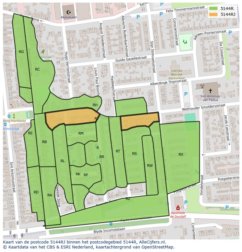 Afbeelding van het postcodegebied 5144 RJ op de kaart.