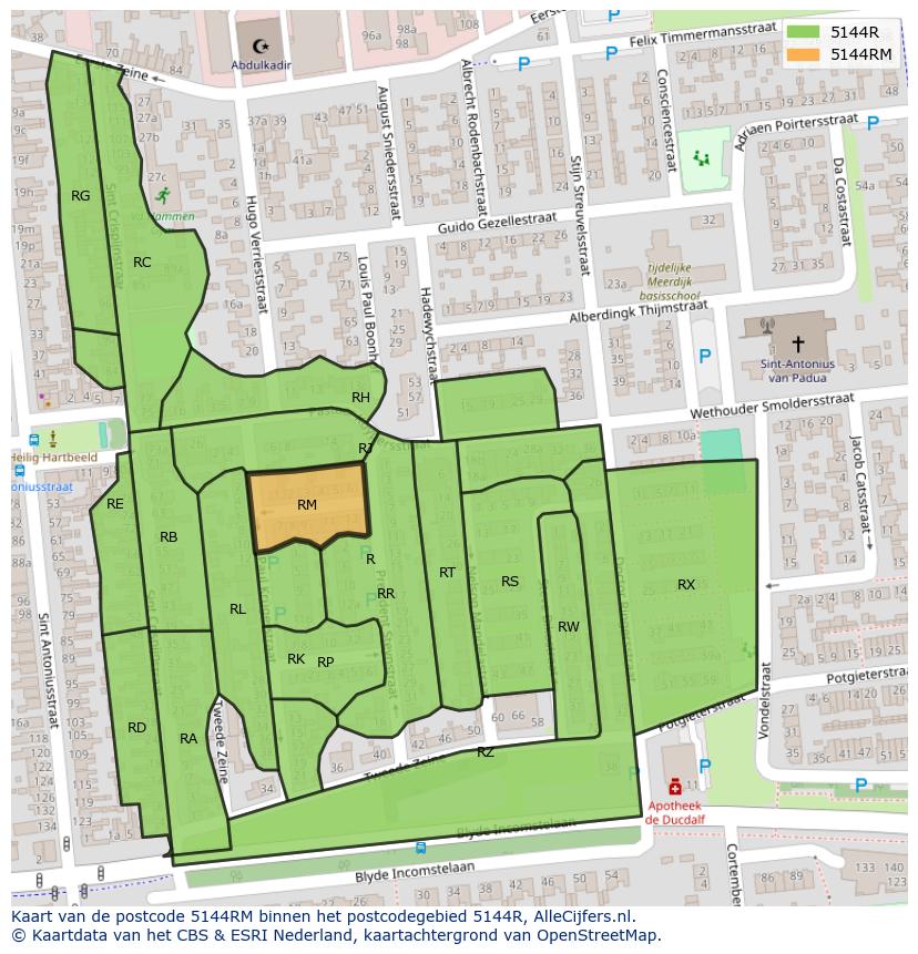 Afbeelding van het postcodegebied 5144 RM op de kaart.