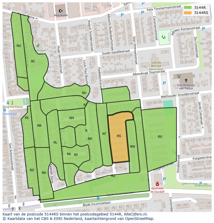 Afbeelding van het postcodegebied 5144 RS op de kaart.