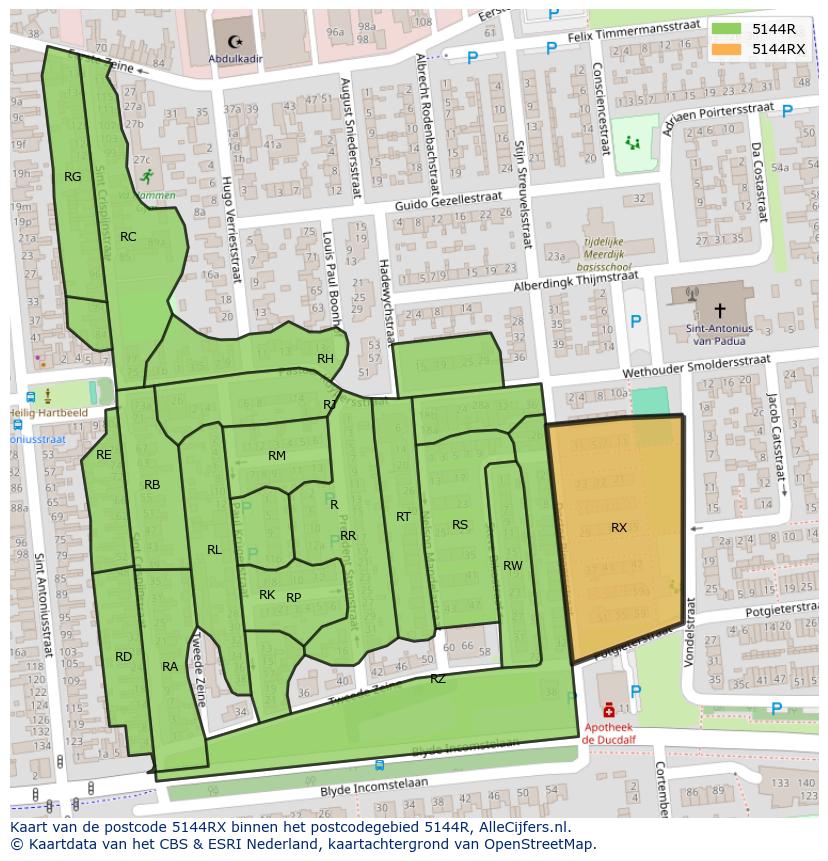 Afbeelding van het postcodegebied 5144 RX op de kaart.