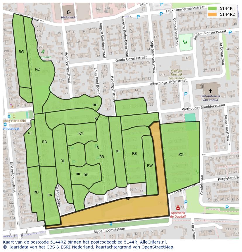 Afbeelding van het postcodegebied 5144 RZ op de kaart.