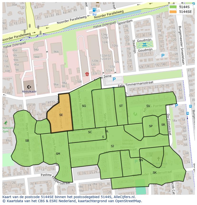 Afbeelding van het postcodegebied 5144 SE op de kaart.