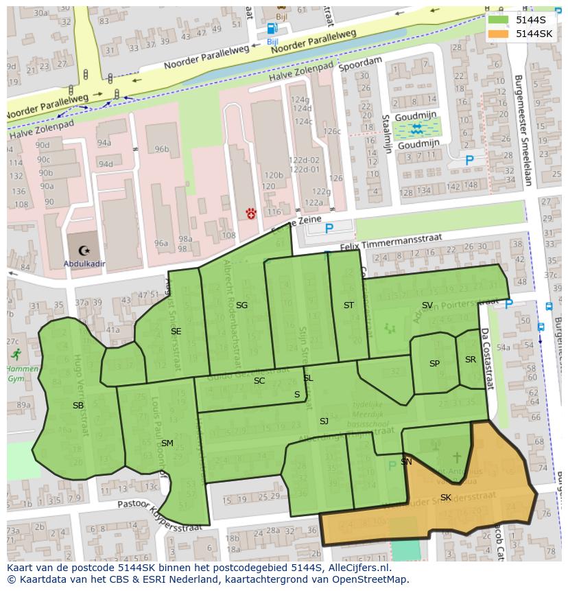 Afbeelding van het postcodegebied 5144 SK op de kaart.
